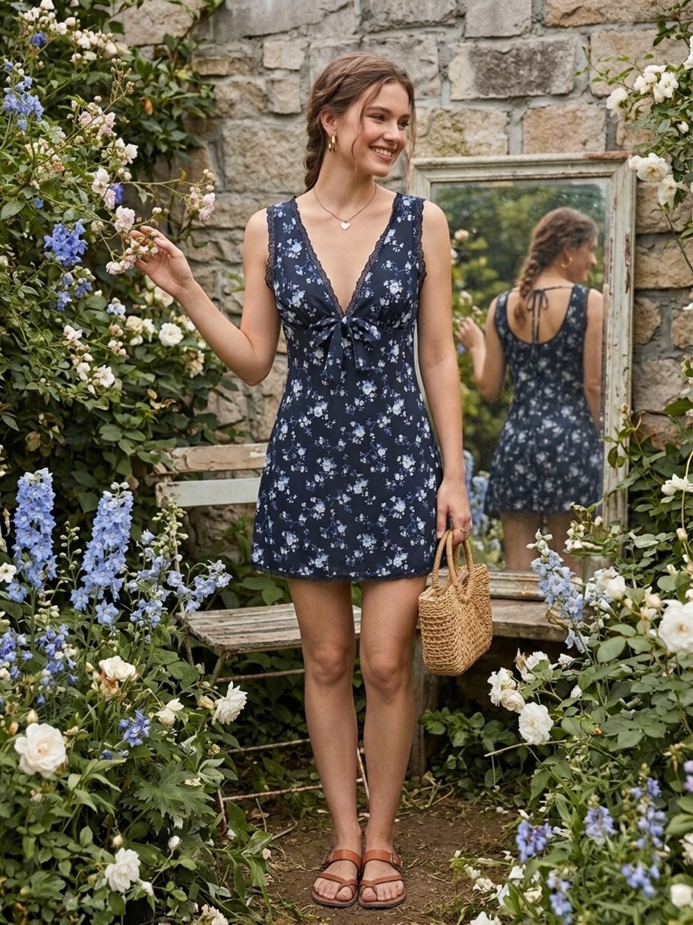 Vintage 90s Style Floral Mini Dress Lace Trim Open Tie Back Size Small